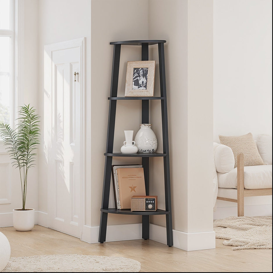 4-Tier Corner Bookshelf – Steel Frame – Natural Oak and Matte White/Rustic Brown and Black/Greige and Black/Charcoal Gray and Matte Black – Stylish Storage Solution