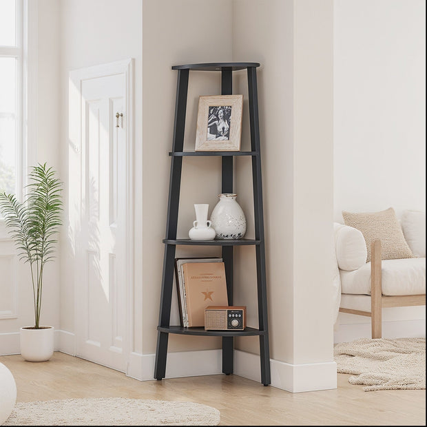 4-Tier Corner Bookshelf – Steel Frame – Natural Oak and Matte White/Rustic Brown and Black/Greige and Black/Charcoal Gray and Matte Black – Stylish Storage Solution