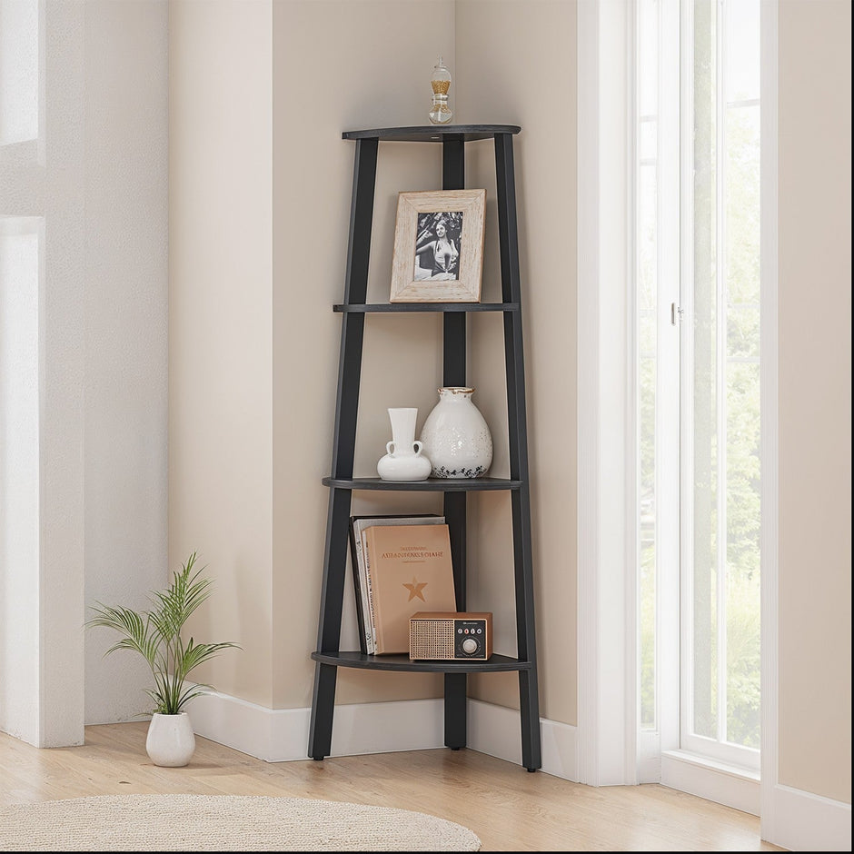 4-Tier Corner Bookshelf – Steel Frame – Natural Oak and Matte White/Rustic Brown and Black/Greige and Black/Charcoal Gray and Matte Black – Stylish Storage Solution