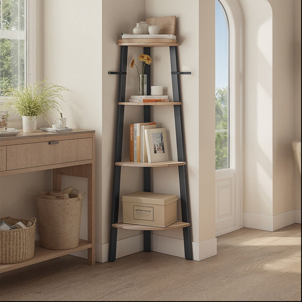 4-Tier Corner Bookshelf – Steel Frame – Natural Oak and Matte White/Rustic Brown and Black/Greige and Black/Charcoal Gray and Matte Black – Stylish Storage Solution