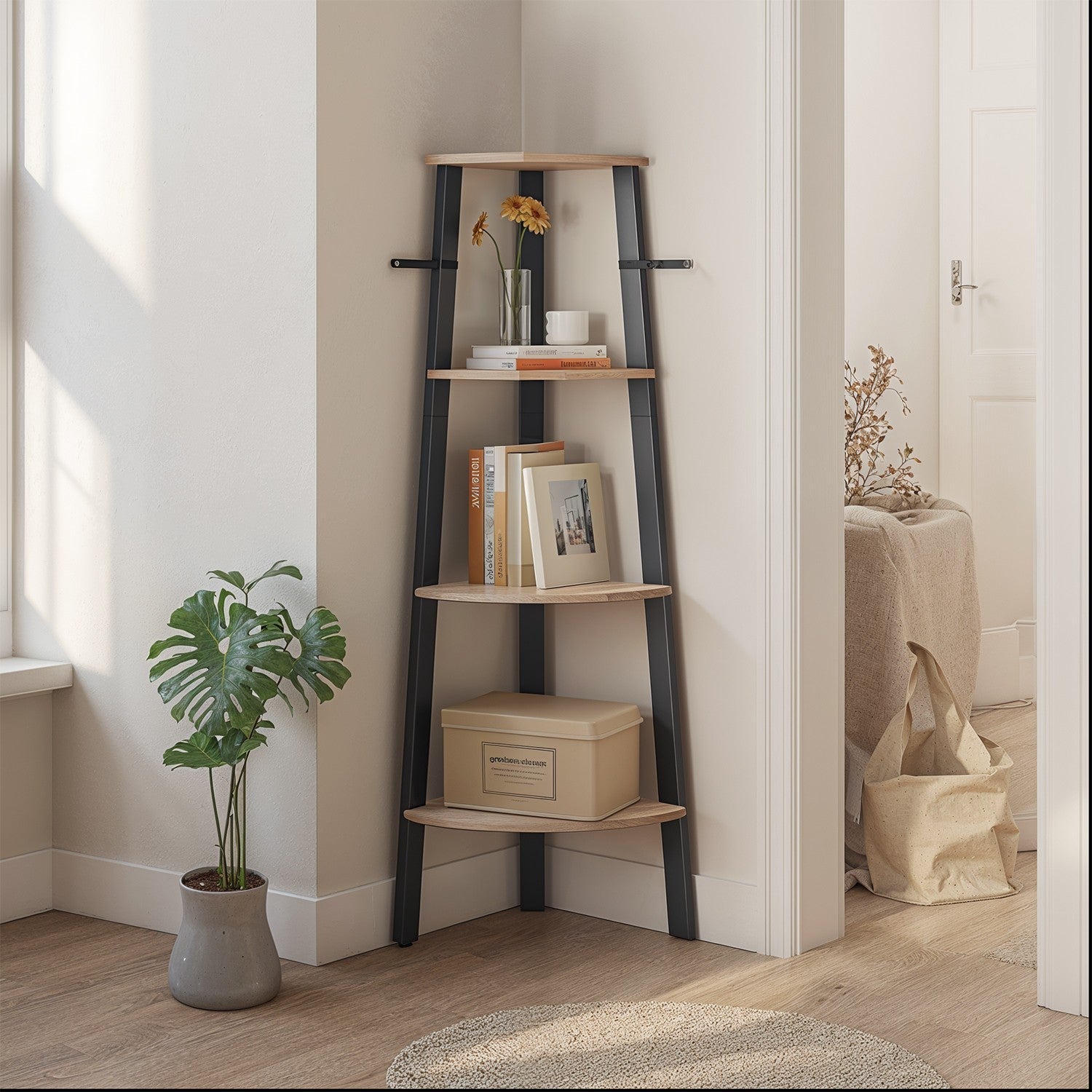 4-Tier Corner Bookshelf – Steel Frame – Natural Oak and Matte White/Rustic Brown and Black/Greige and Black/Charcoal Gray and Matte Black – Stylish Storage Solution