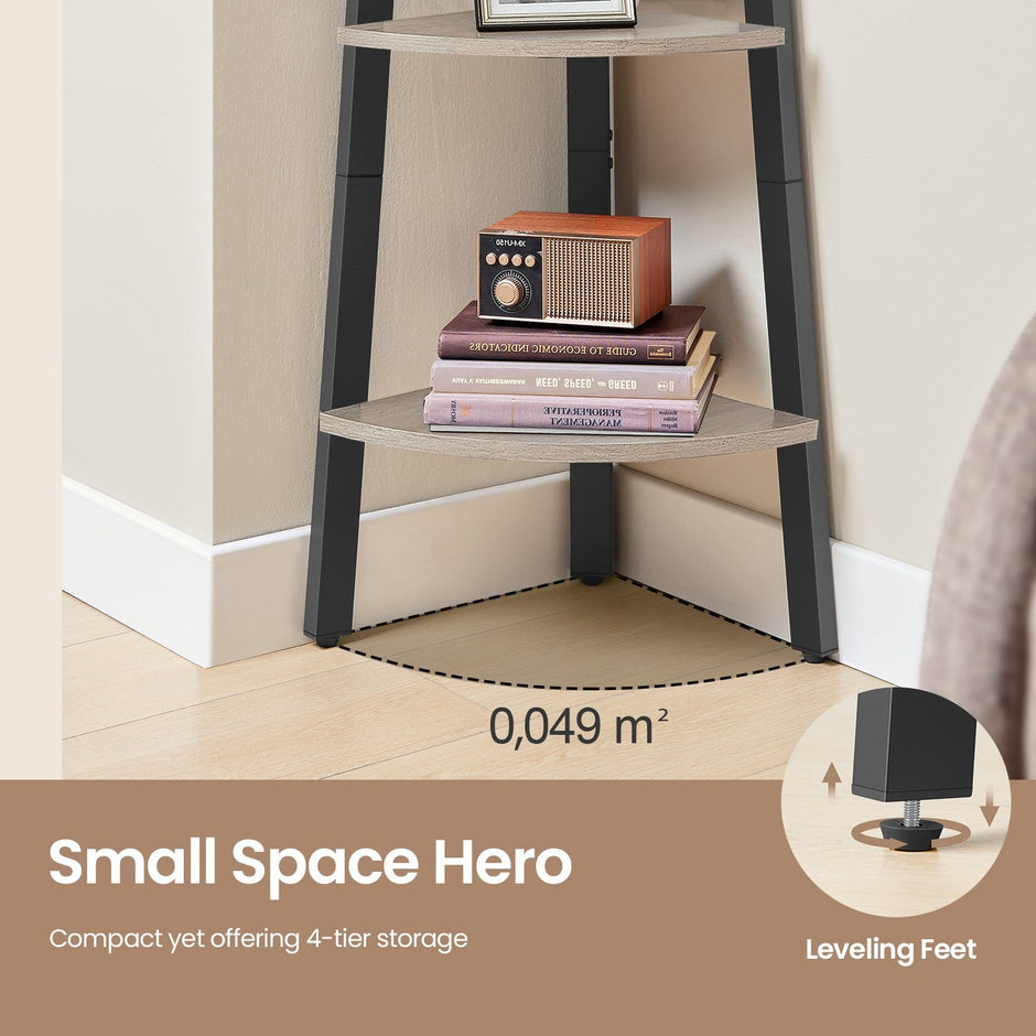 4-Tier Corner Bookshelf – Steel Frame – Natural Oak and Matte White/Rustic Brown and Black/Greige and Black/Charcoal Gray and Matte Black – Stylish Storage Solution