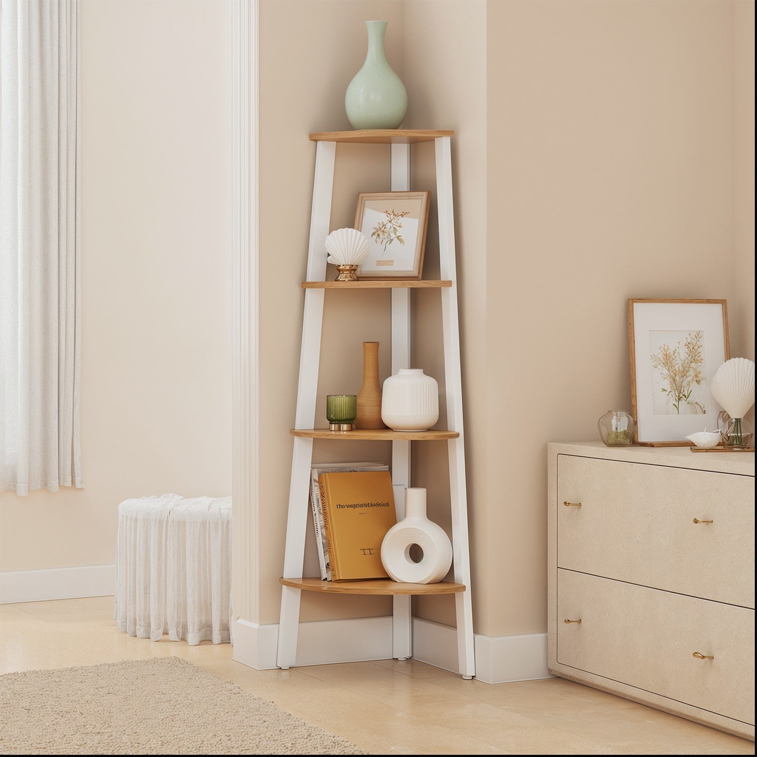 Corner Ladder Shelf – Steel Frame – Natural Oak and Matte White – 4-Tier Design