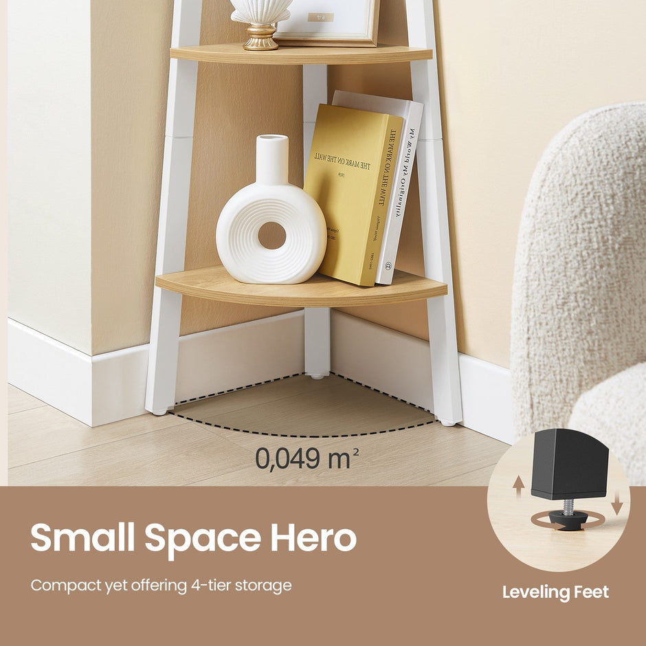Corner Ladder Shelf – Steel Frame – Natural Oak and Matte White – 4-Tier Design