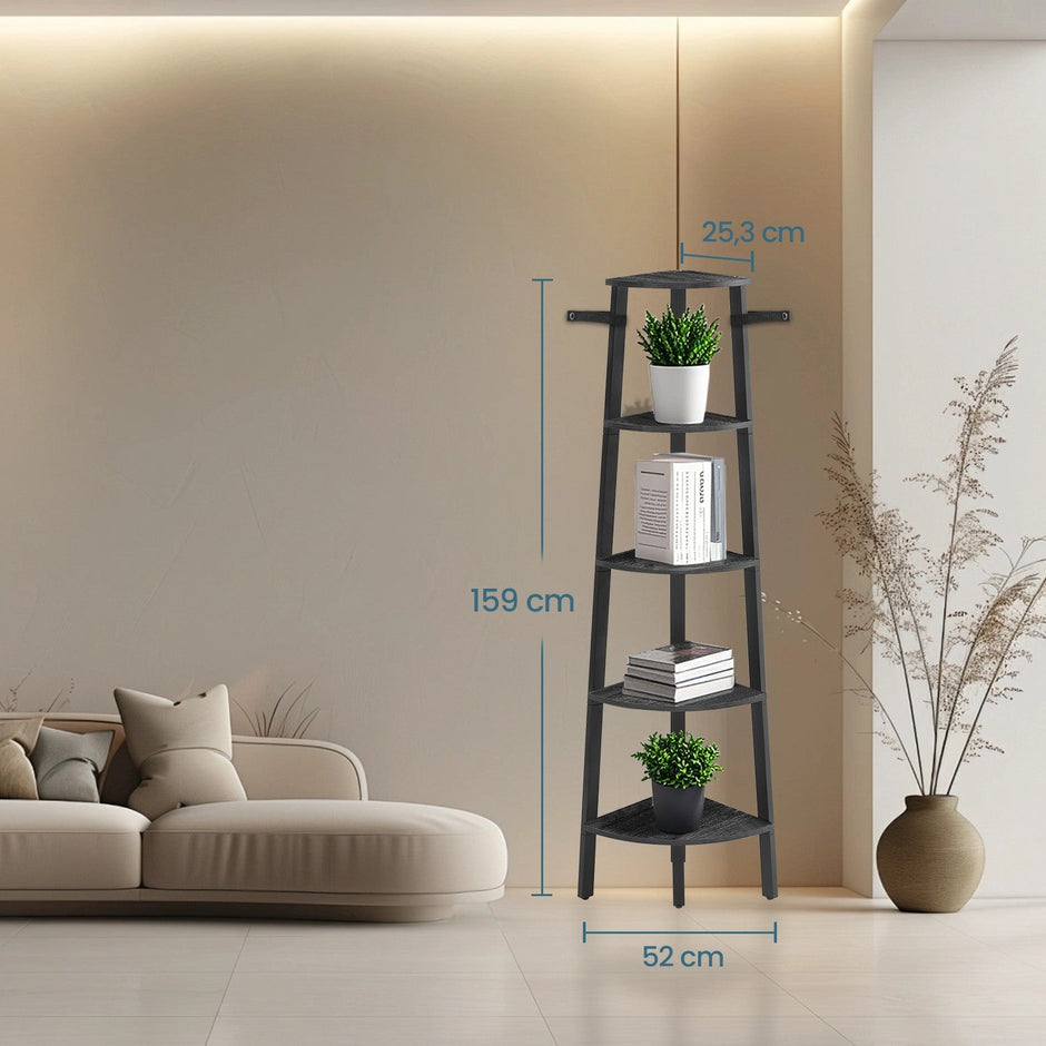 Corner Shelf Unit – Engineered Wood – Natural Oak and Matte White – 5-Tier Industrial Design