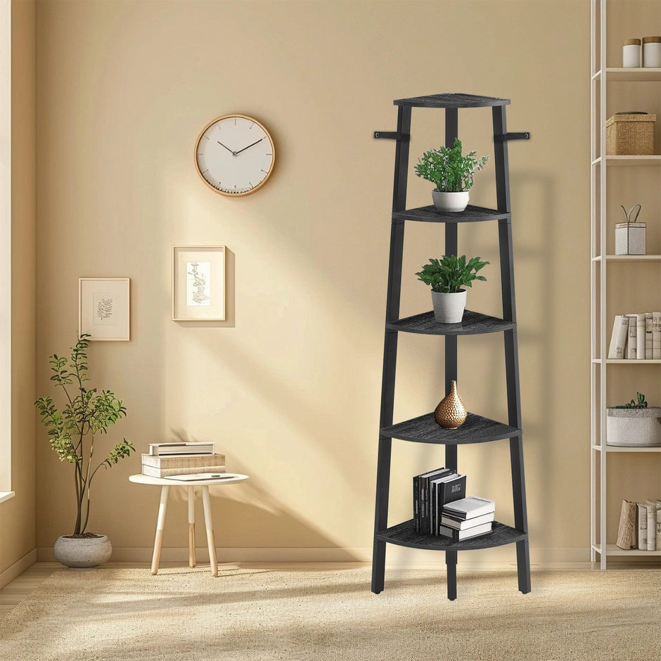 Corner Shelf Unit – Engineered Wood – Natural Oak and Matte White – 5-Tier Industrial Design