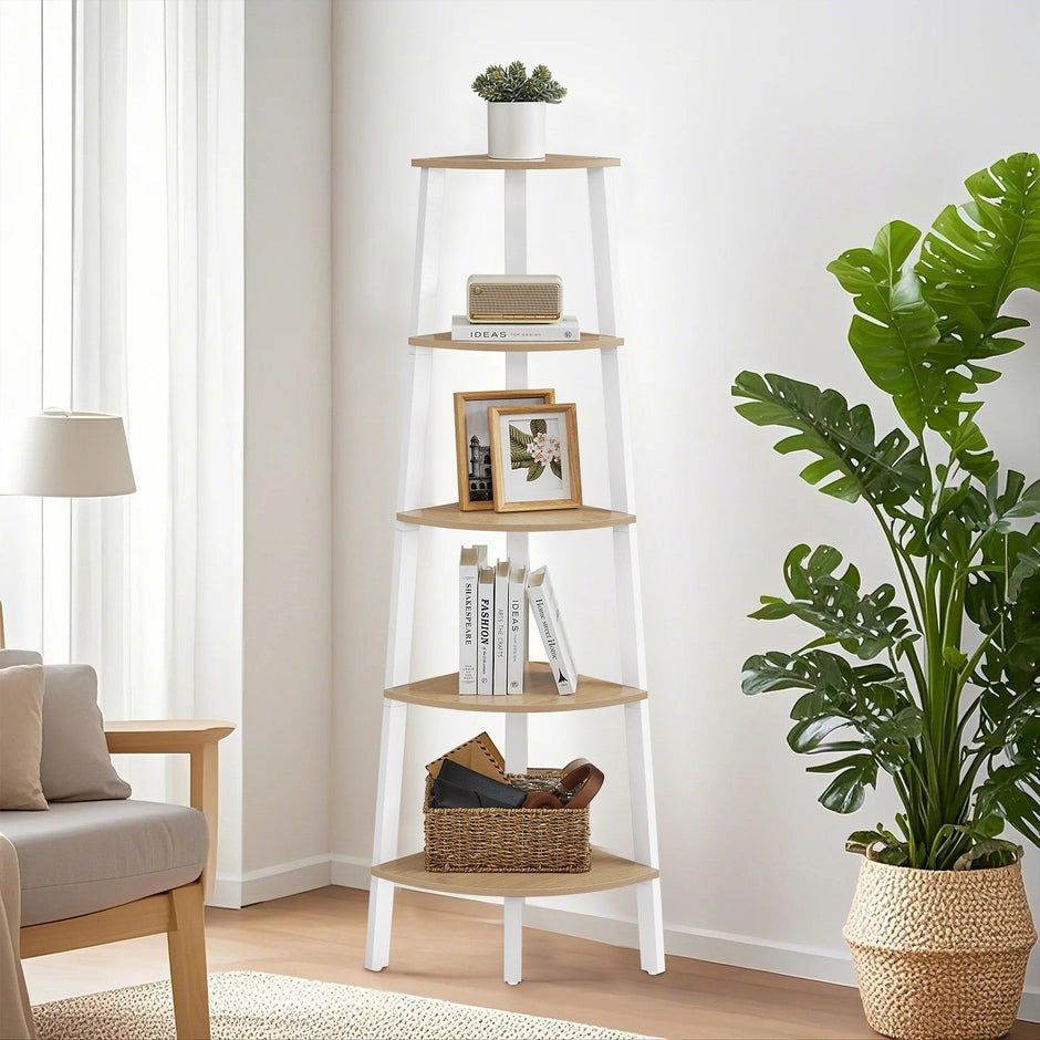 Corner Ladder Shelf – Wood – Natural Oak and Matte White – 5-Tier Industrial Style