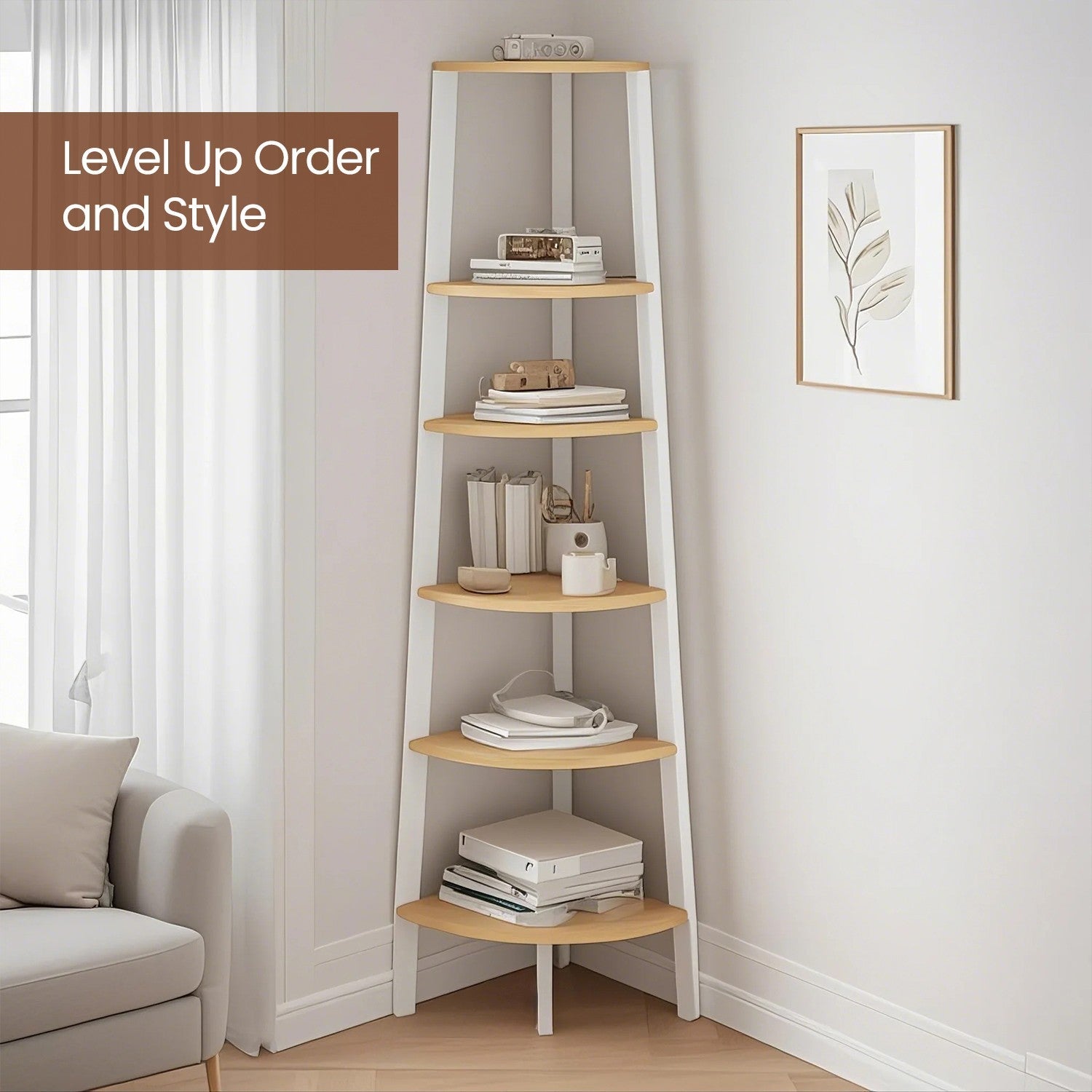 Corner Ladder Shelf – Wood – Natural Oak and Matte White – 5-Tier Industrial Style