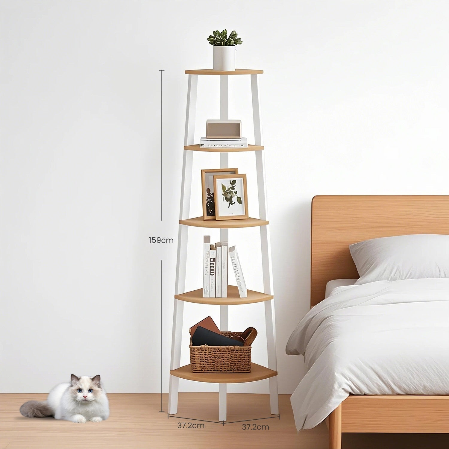 Corner Ladder Shelf – Wood – Natural Oak and Matte White – 5-Tier Industrial Style