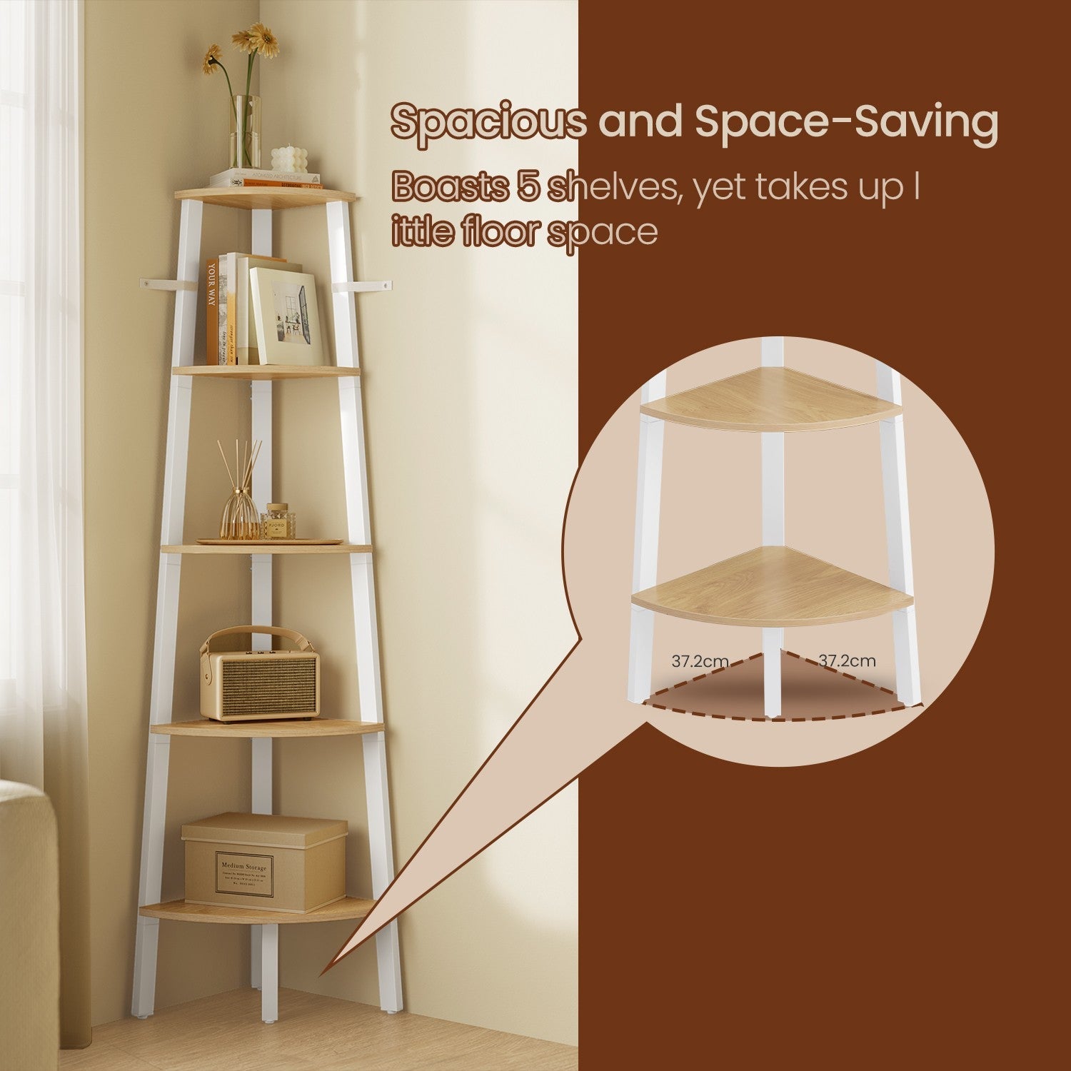 Corner Ladder Shelf – Wood – Natural Oak and Matte White – 5-Tier Industrial Style