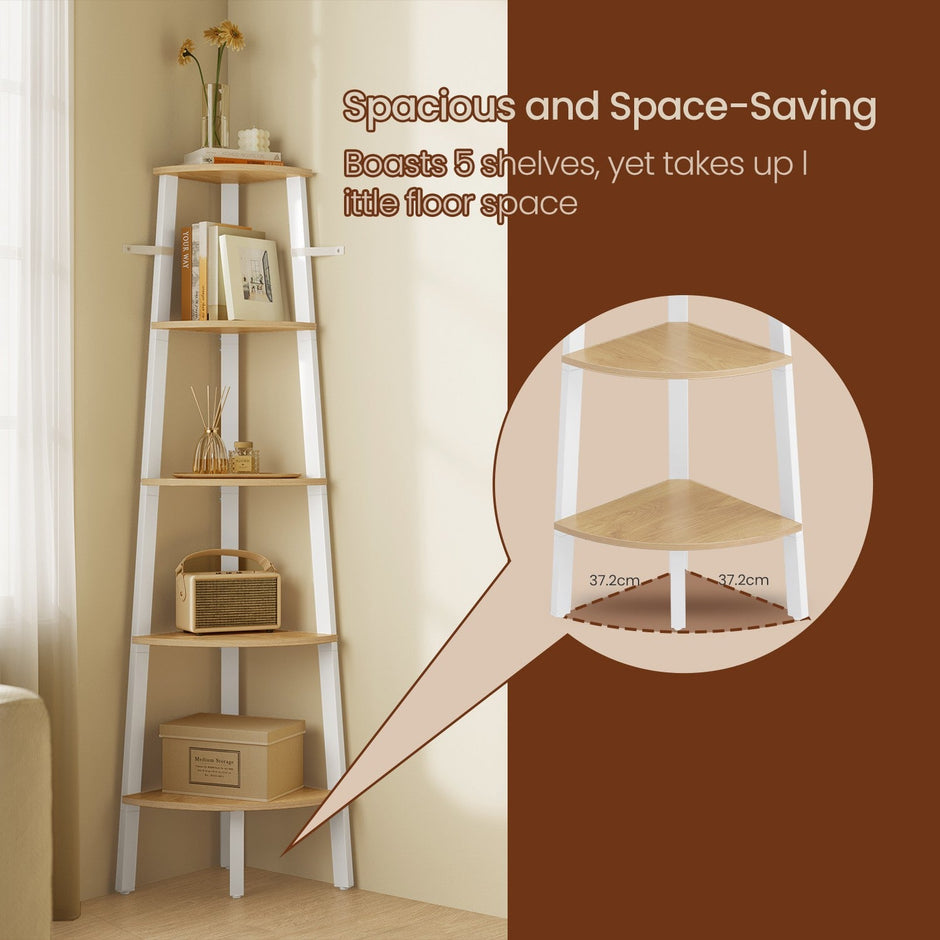 Corner Ladder Shelf – Wood – Natural Oak and Matte White – 5-Tier Industrial Style