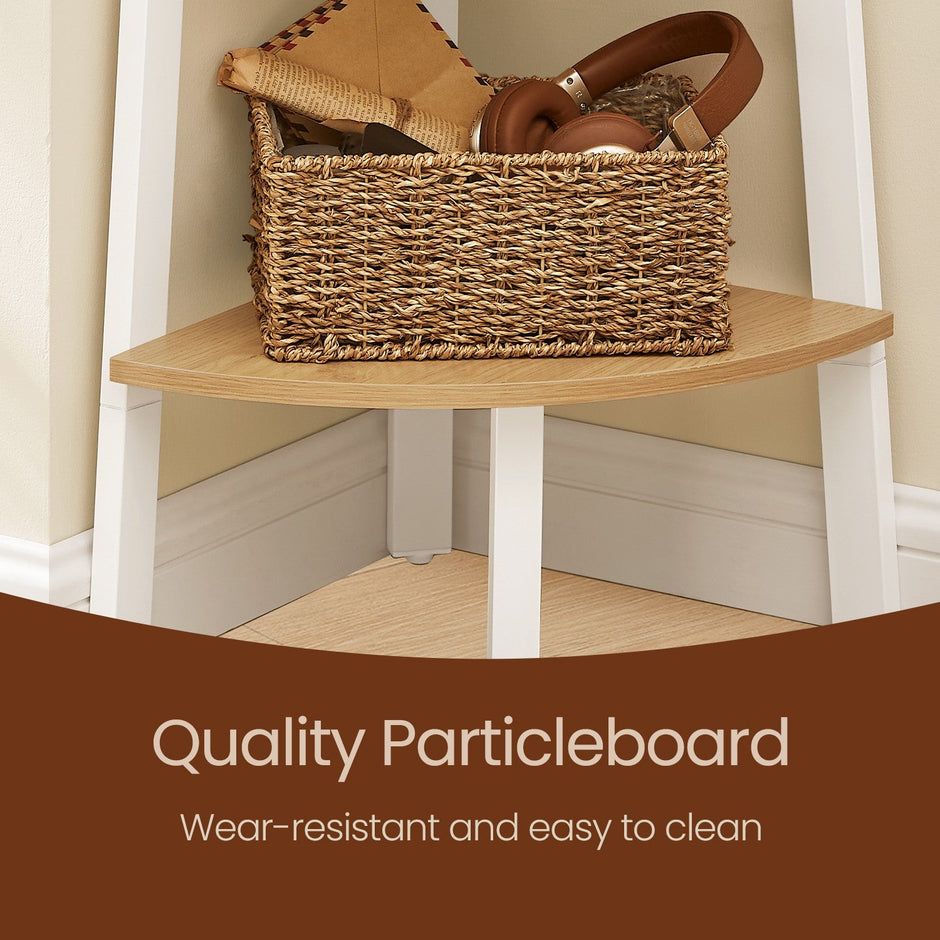Corner Ladder Shelf – Wood – Natural Oak and Matte White – 5-Tier Industrial Style