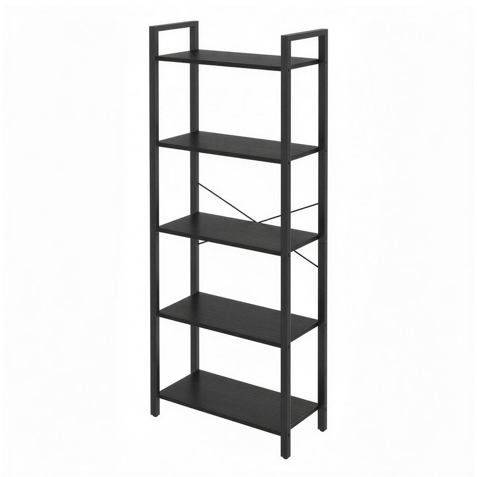 Tall Storage Shelf – Steel – Rustic Brown and Black – 5-Tier Industrial Bookcase