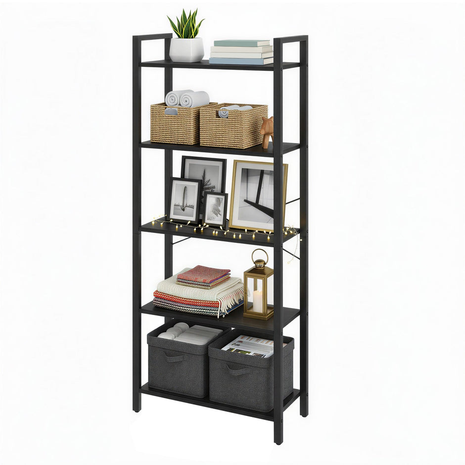 Tall Storage Shelf – Steel – Rustic Brown and Black – 5-Tier Industrial Bookcase