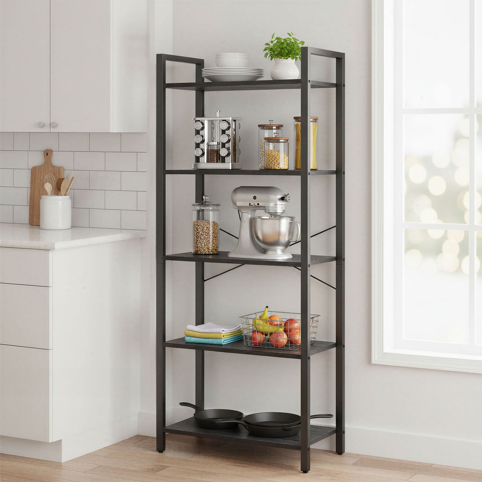 Tall Storage Shelf – Steel – Rustic Brown and Black – 5-Tier Industrial Bookcase