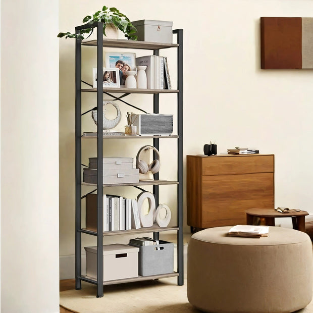 6-Tier Bookshelf – Steel Frame – Special Walnut and Black – Freestanding Design for Living Room, Bedroom, Home Office