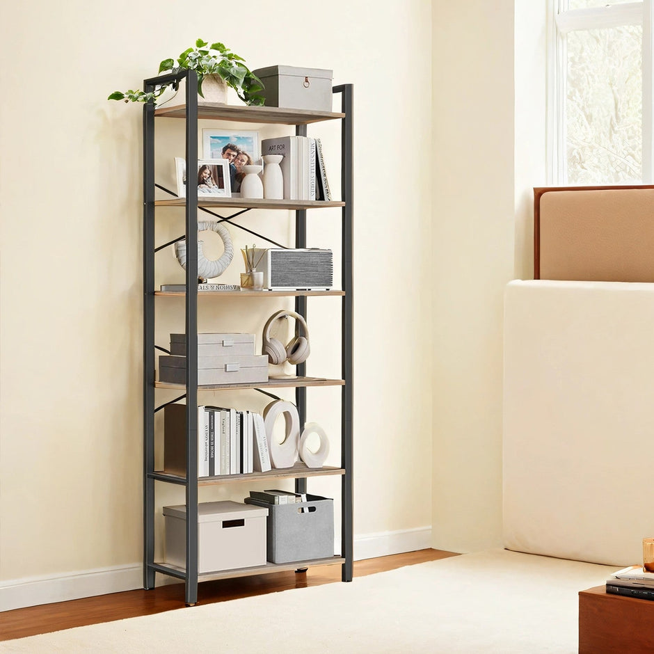 6-Tier Bookshelf – Steel Frame – Special Walnut and Black – Freestanding Design for Living Room, Bedroom, Home Office