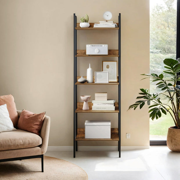 5-Tier Bookcase – Metal Frame – Rustic Brown and Black – Freestanding Design for Home Office and Living Spaces