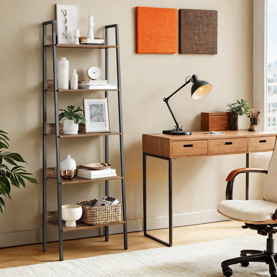 5-Tier Bookcase – Metal Frame – Rustic Brown and Black – Freestanding Design for Home Office and Living Spaces