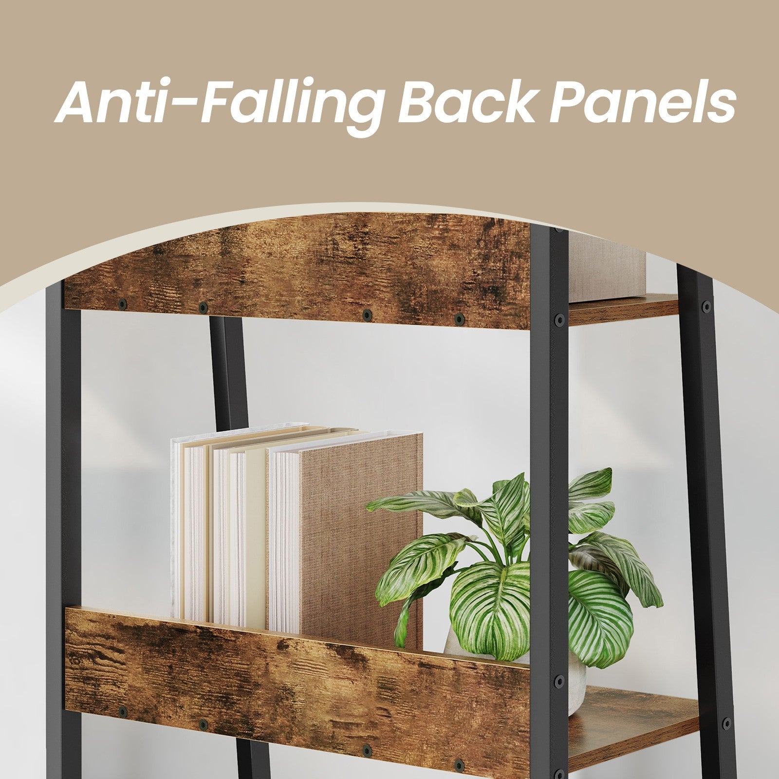 5-Tier Bookcase – Metal Frame – Rustic Brown and Black – Freestanding Design for Home Office and Living Spaces