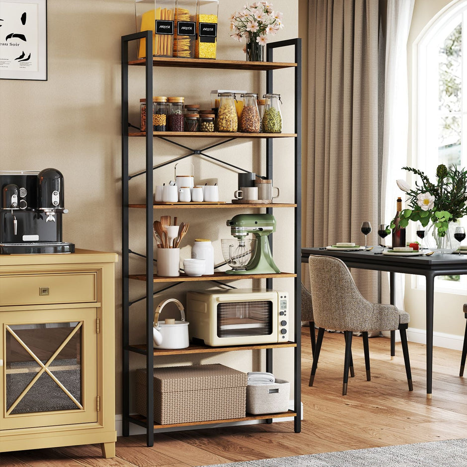 6-Tier Storage Rack – Steel Frame – Special Walnut and Black – Freestanding Multi-Use Shelf Unit