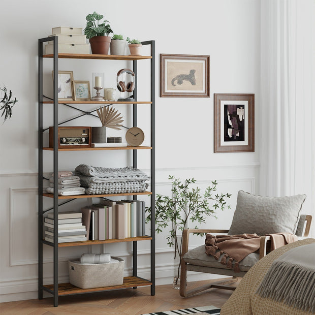 6-Tier Storage Rack – Steel Frame – Special Walnut and Black – Freestanding Multi-Use Shelf Unit