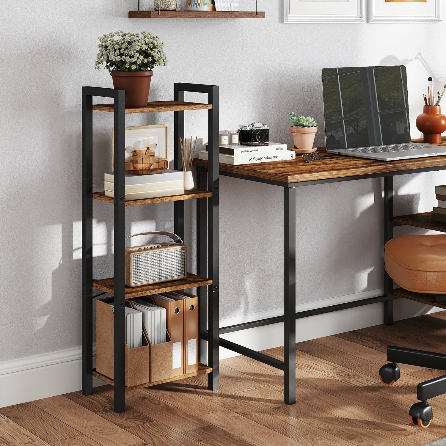 4-Tier Bookshelf – Metal and Wood – Industrial Style – Space-Saving Design