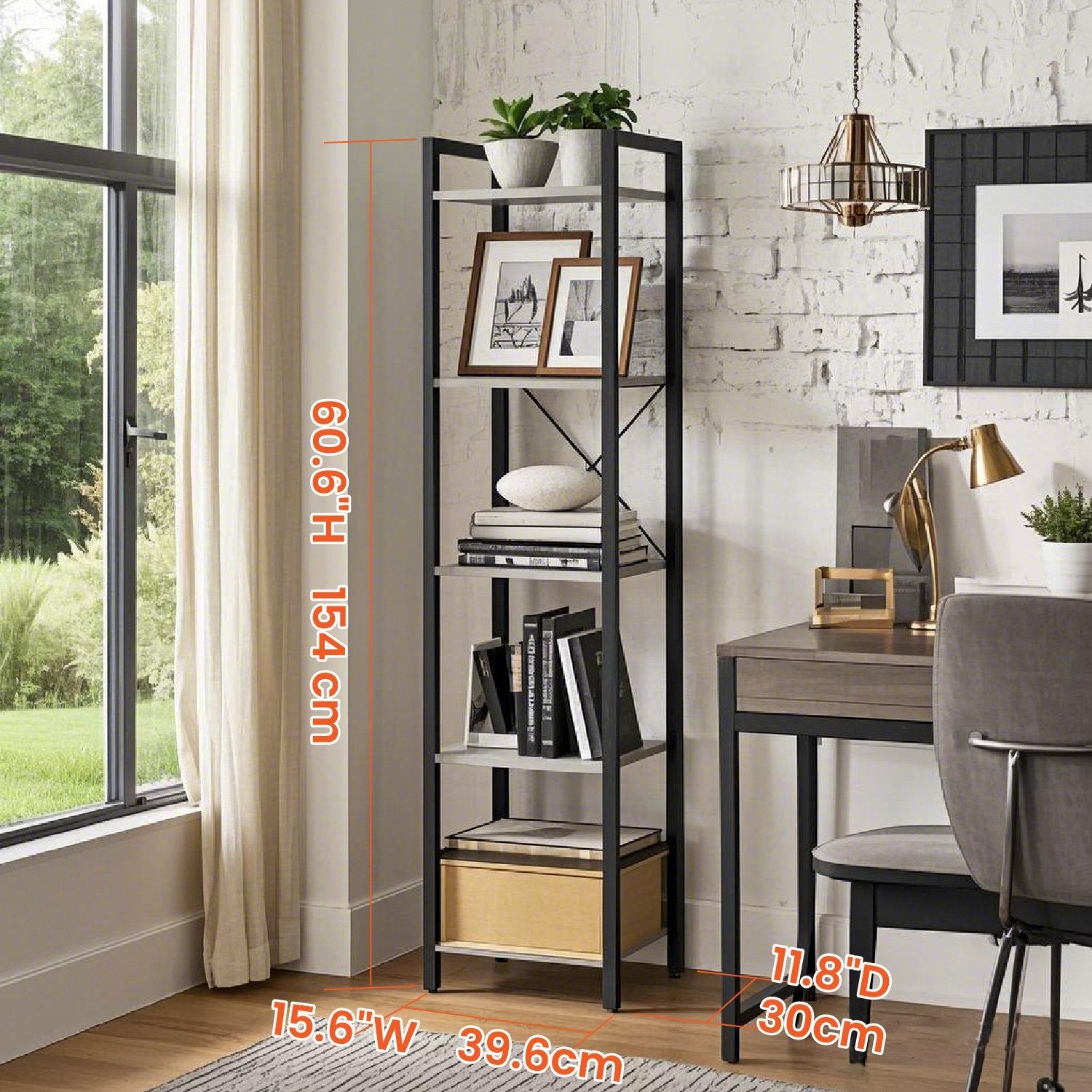 5-Tier Bookcase – Wood and Metal – Rustic Brown and Black – Freestanding Storage for Home Office and Living Room