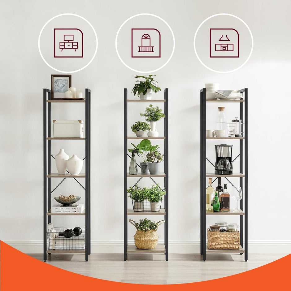 5-Tier Bookcase – Wood and Metal – Rustic Brown and Black – Freestanding Storage for Home Office and Living Room