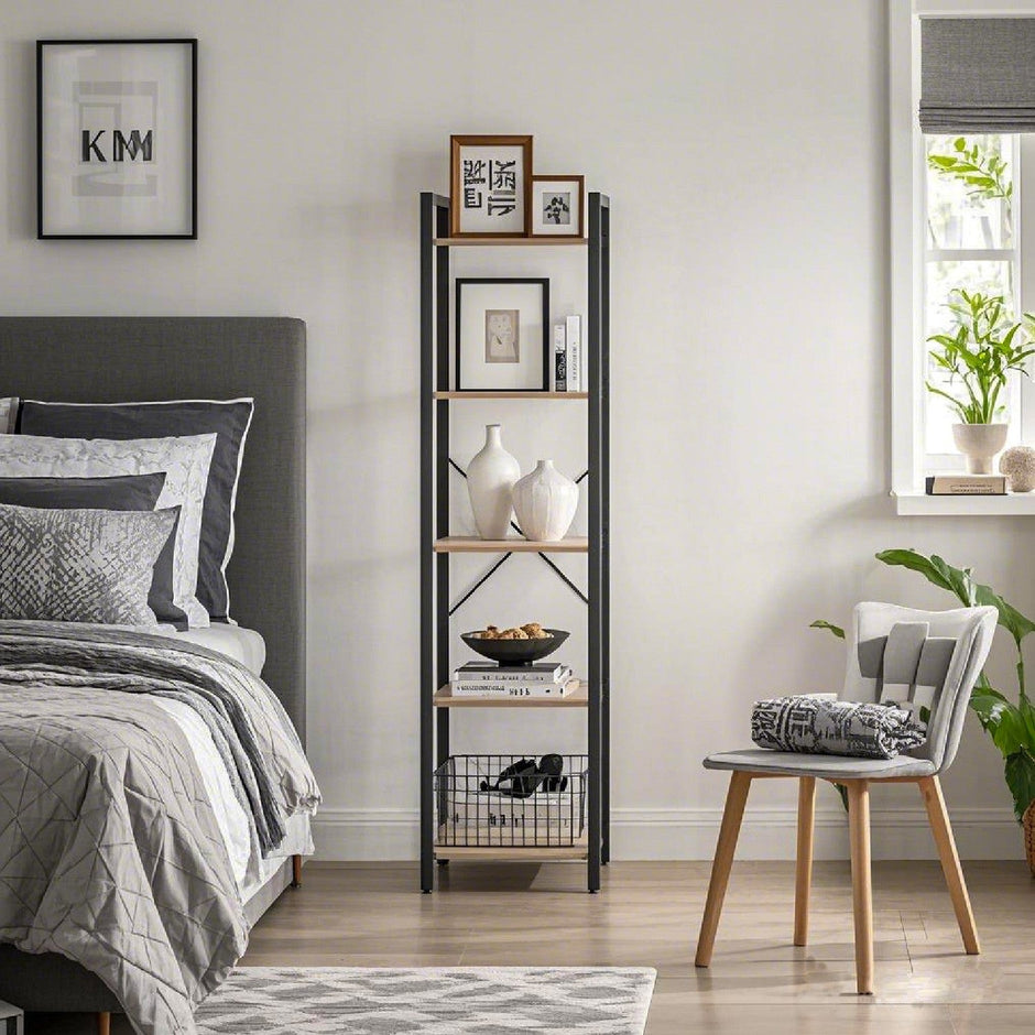 5-Tier Bookcase – Wood and Metal – Rustic Brown and Black – Freestanding Storage for Home Office and Living Room
