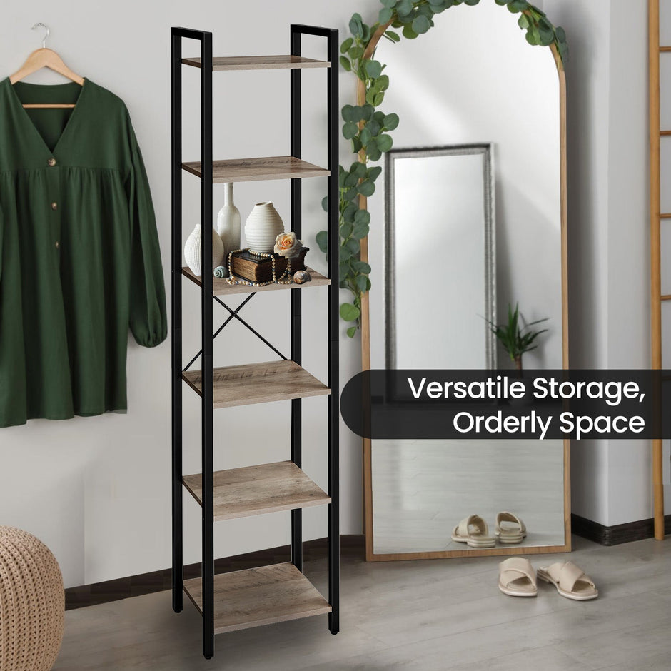 6-Tier Storage Rack – Wood – Greige – Versatile for Living Room, Home Office, Study