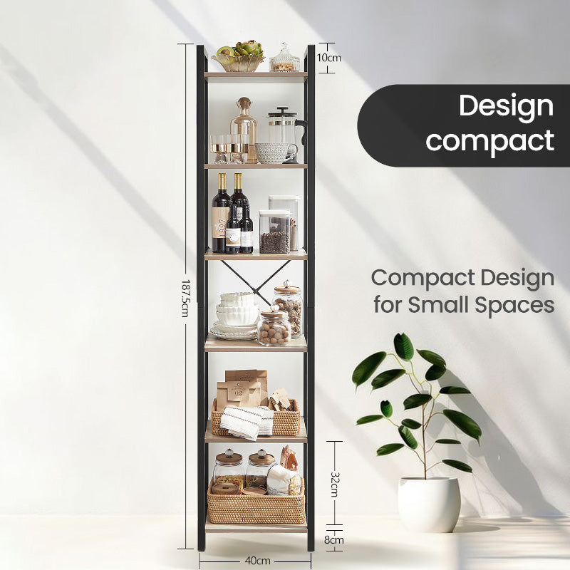 6-Tier Storage Rack – Wood – Greige – Versatile for Living Room, Home Office, Study