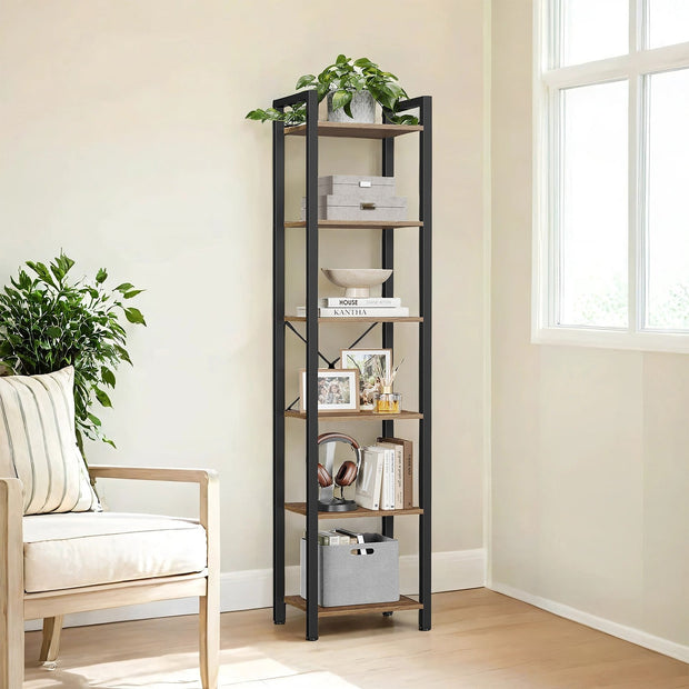 6-Tier Storage Rack – Wood – Wheat Brown – Versatile for Living Room, Study, and Bedroom