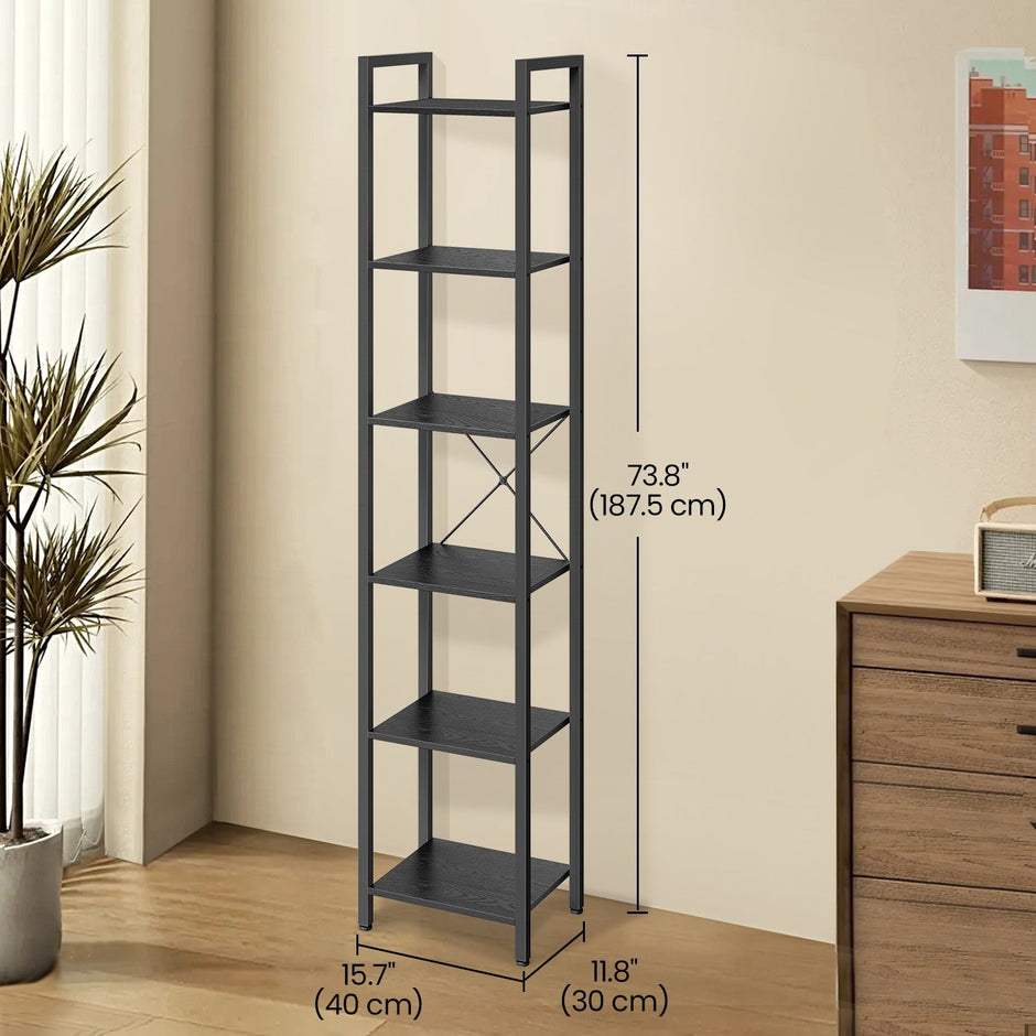 6-Tier Storage Rack – Wood – Ebony Black – Slim Design for Study and Living Room