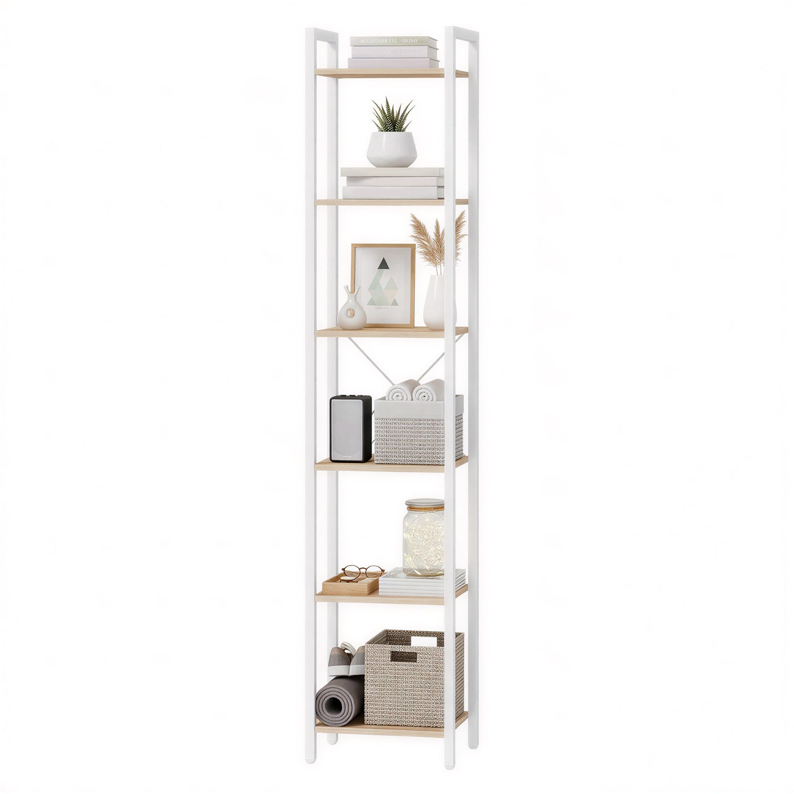 Tall 6-Tier Bookshelf – Steel Frame – Ebony Black – Narrow Design for Living Room and Home Office