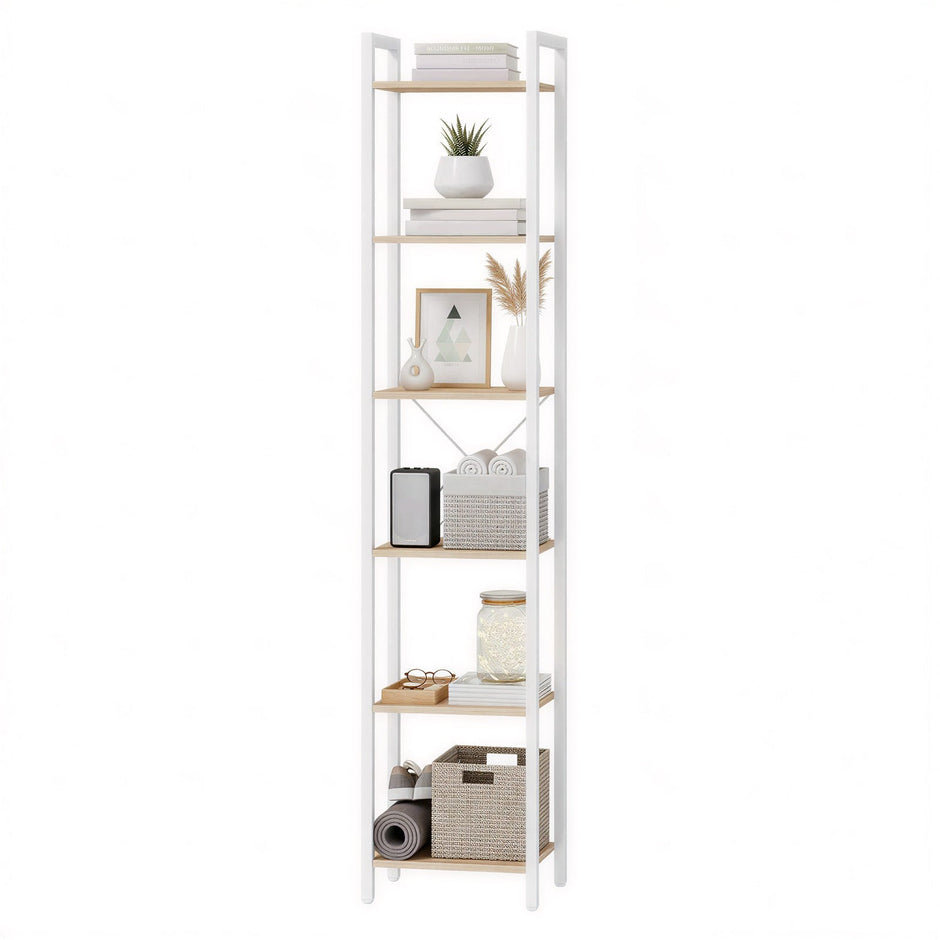 Tall 6-Tier Bookshelf – Steel Frame – Ebony Black – Narrow Design for Living Room and Home Office
