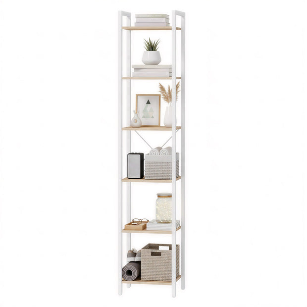 Tall 6-Tier Bookshelf – Steel Frame – Ebony Black – Narrow Design for Living Room and Home Office
