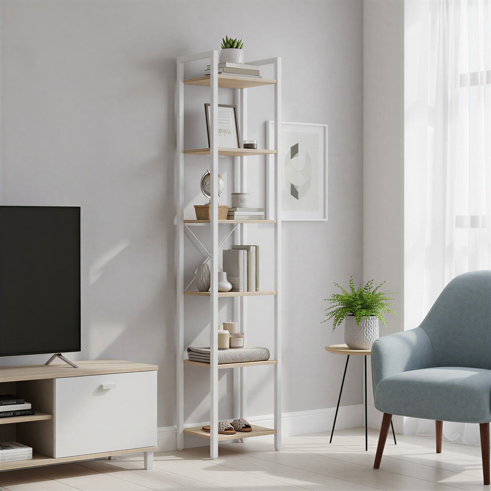 Tall 6-Tier Bookshelf – Steel Frame – Ebony Black – Narrow Design for Living Room and Home Office