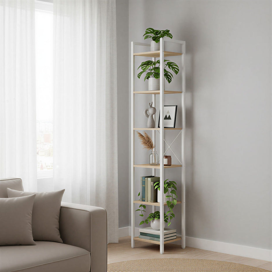 Tall 6-Tier Bookshelf – Steel Frame – Ebony Black – Narrow Design for Living Room and Home Office