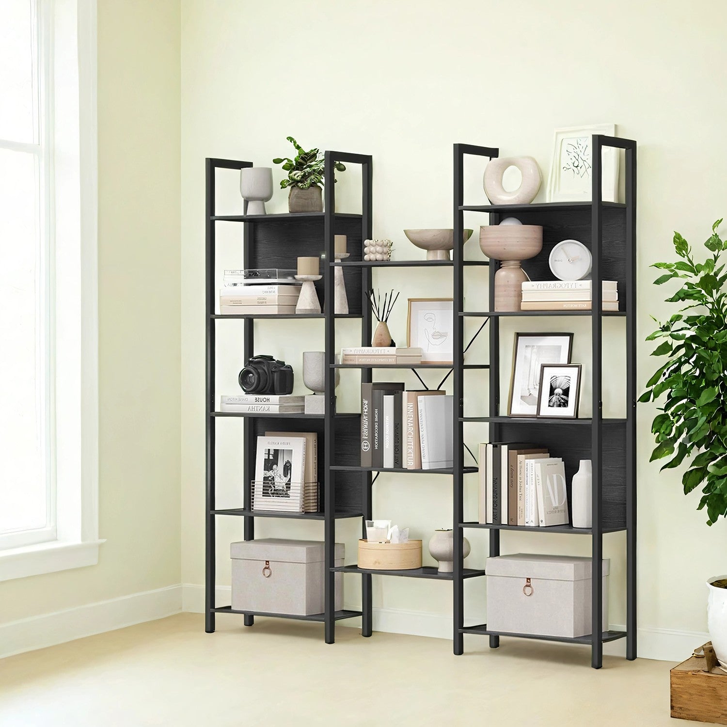 5-Tier Bookcase – Metal – Rustic Brown and Black – Industrial Style with 14 Storage Shelves