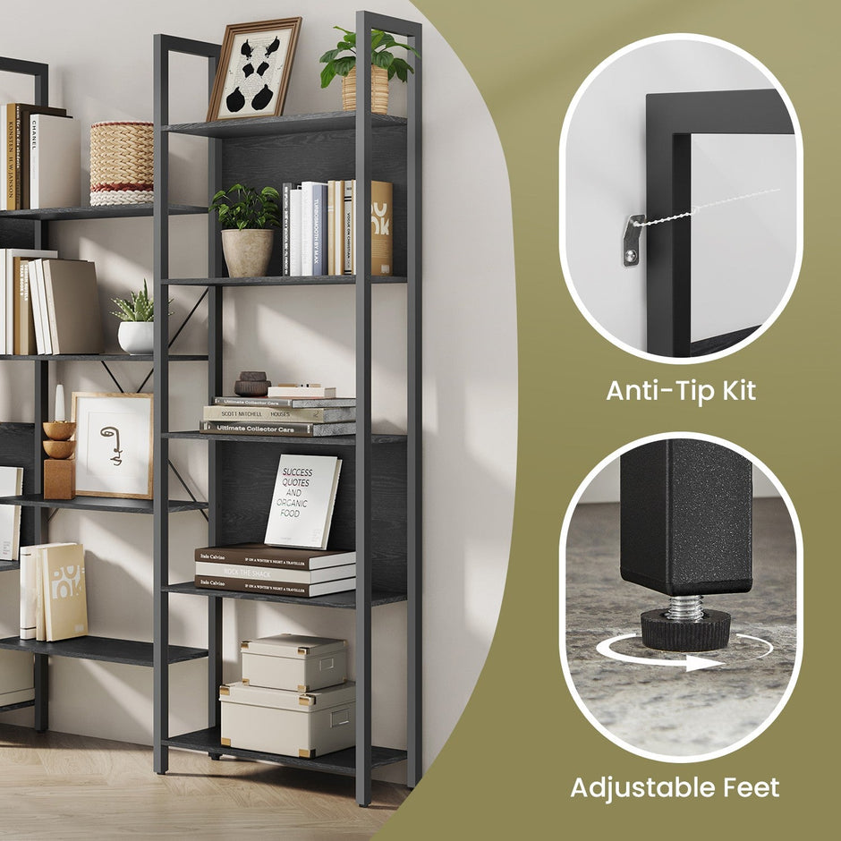 5-Tier Bookcase – Metal – Rustic Brown and Black – Industrial Style with 14 Storage Shelves