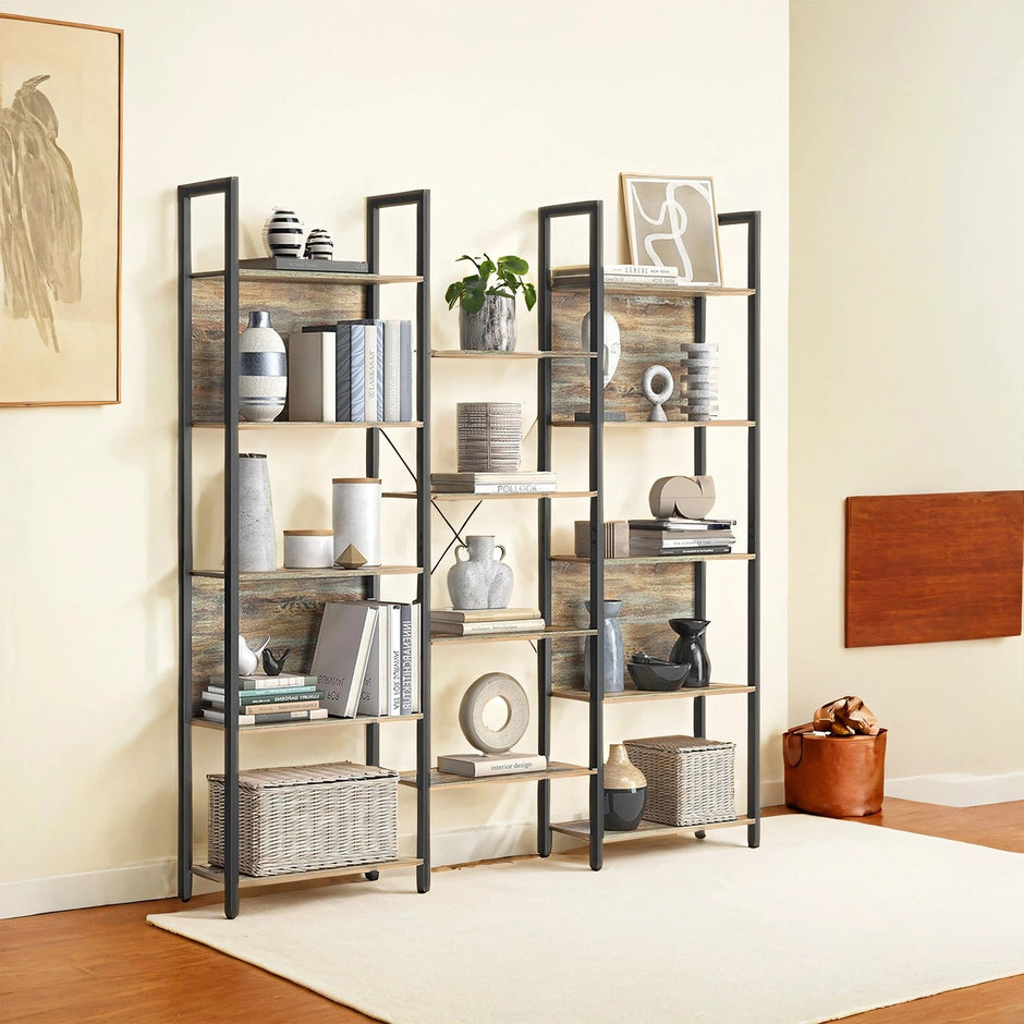 5-Tier Bookcase – Metal – Rustic Brown and Black – Industrial Style with 14 Storage Shelves
