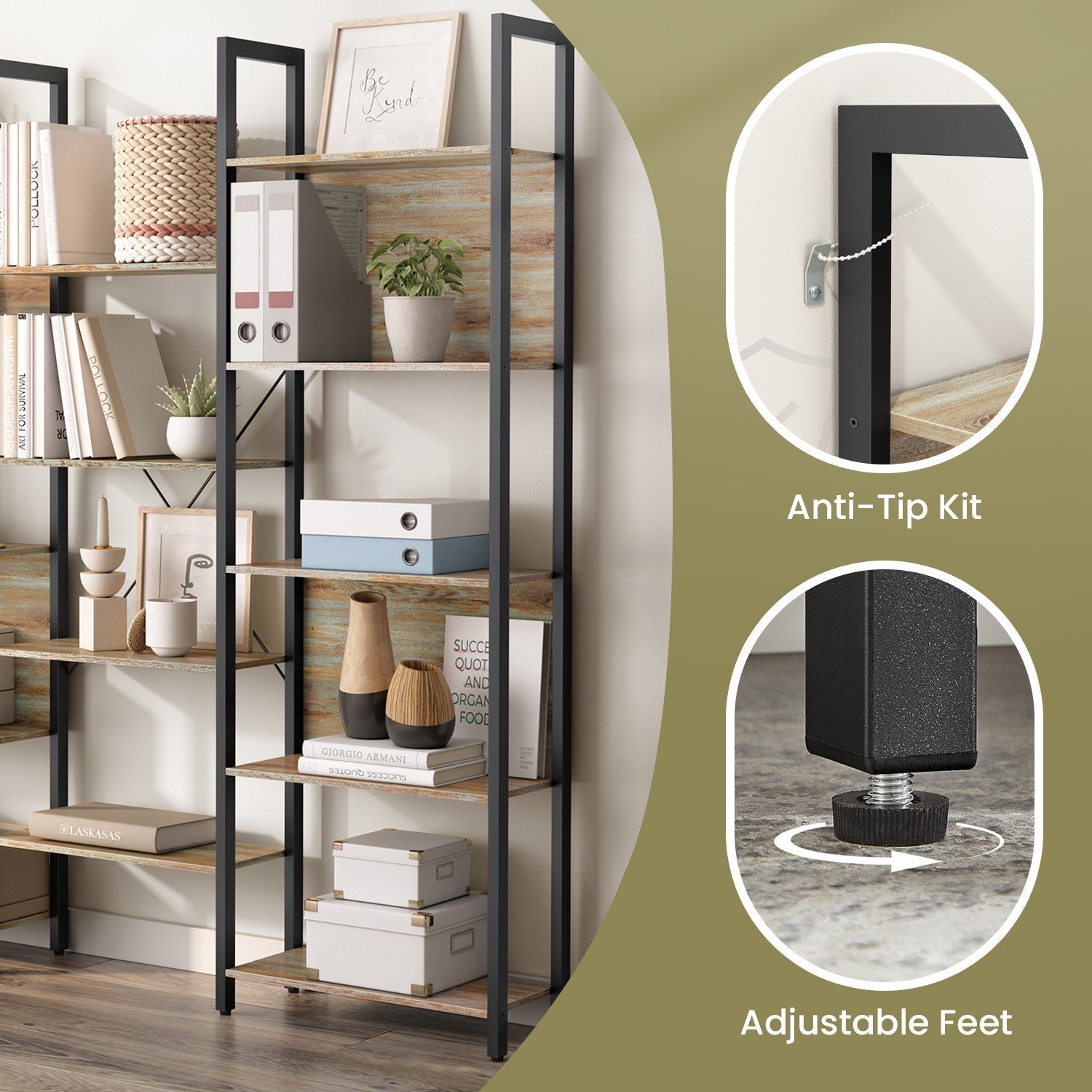 5-Tier Bookcase – Metal – Rustic Brown and Black – Industrial Style with 14 Storage Shelves