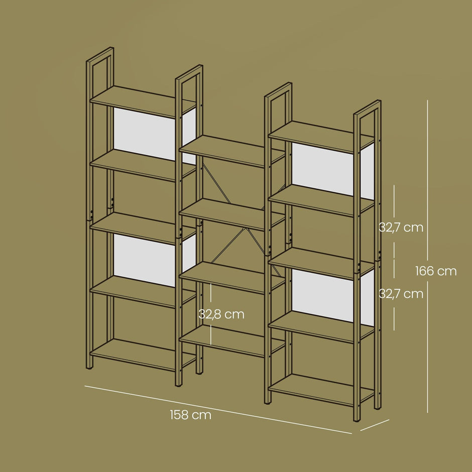 5-Tier Bookcase – Metal – Rustic Brown and Black – Industrial Style with 14 Storage Shelves
