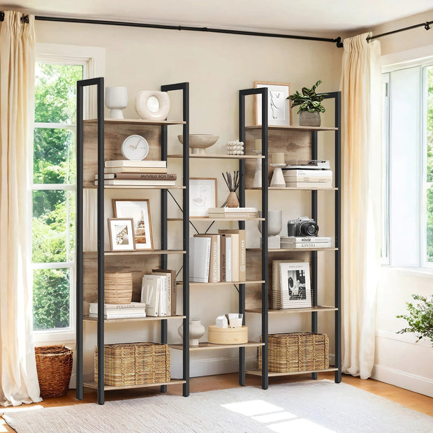 5-Tier Bookcase – Metal – Rustic Brown and Black – Industrial Style with 14 Storage Shelves