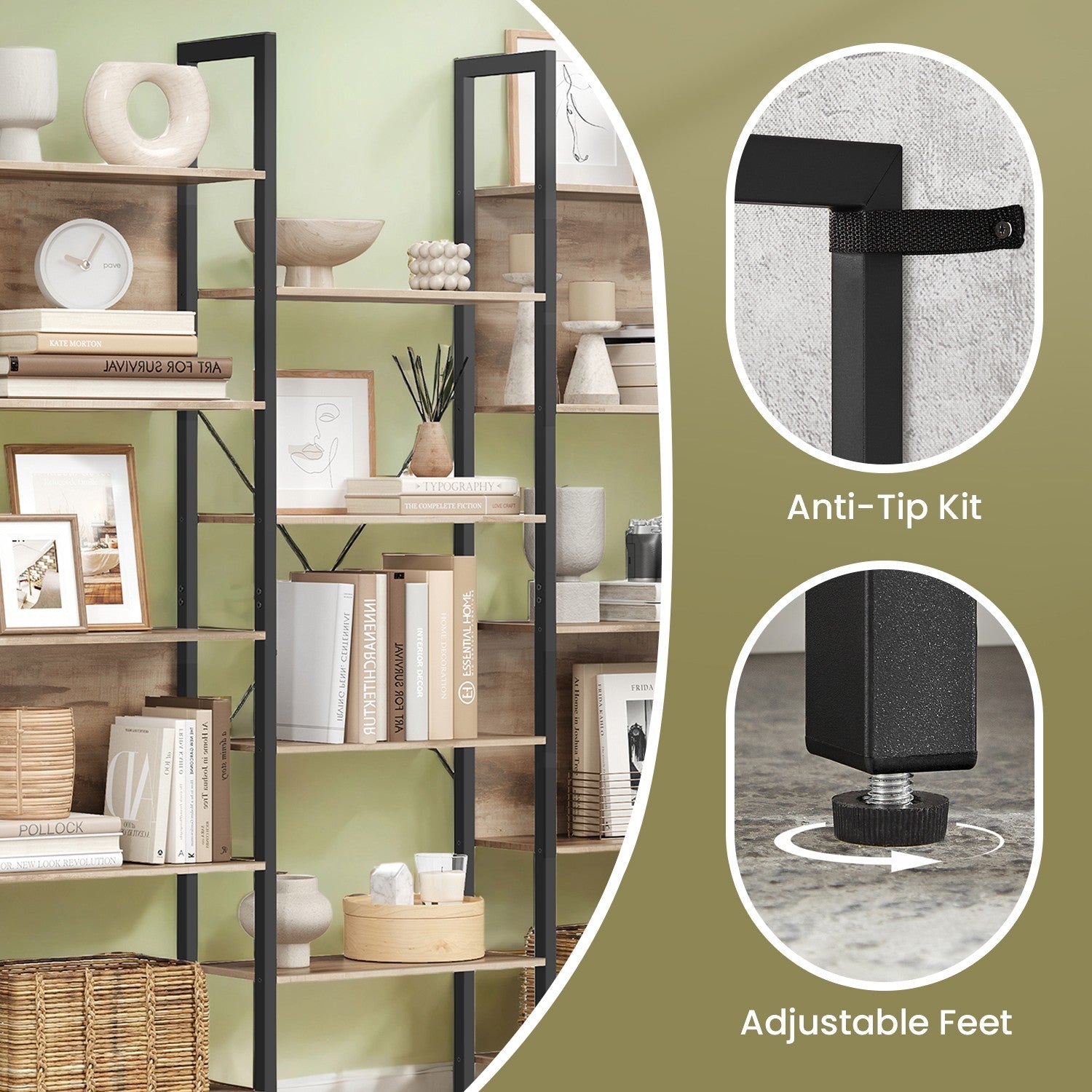 5-Tier Bookcase – Metal – Rustic Brown and Black – Industrial Style with 14 Storage Shelves