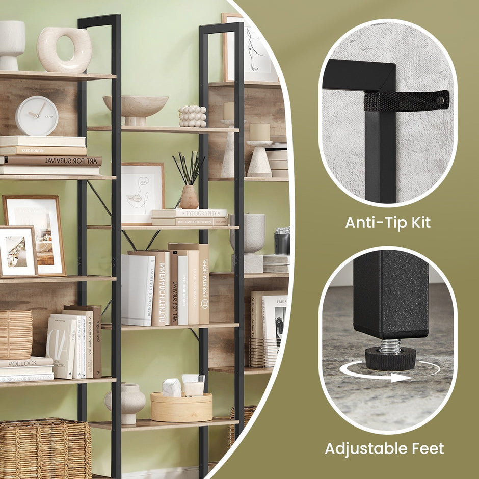 5-Tier Bookcase – Metal – Rustic Brown and Black – Industrial Style with 14 Storage Shelves