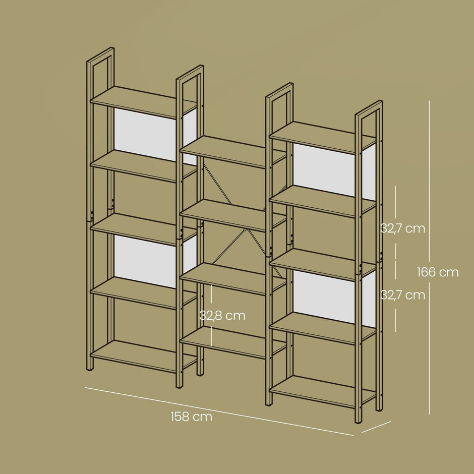 5-Tier Bookcase – Metal – Rustic Brown and Black – Industrial Style with 14 Storage Shelves