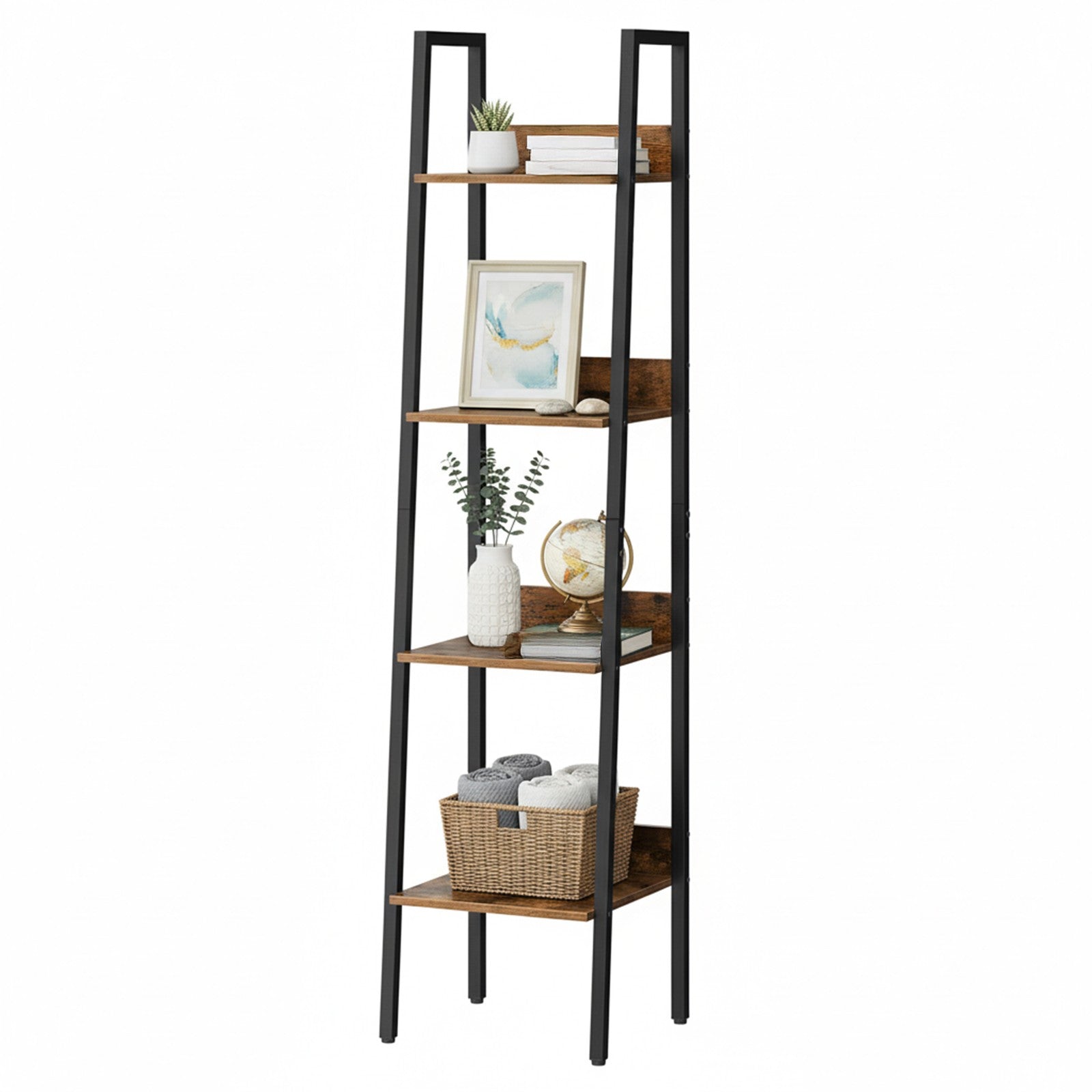 4-Tier Bookcase – Steel – Rustic Brown and Black – Freestanding Storage Shelf
