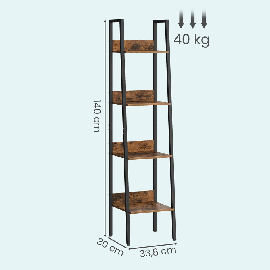 4-Tier Bookcase – Steel – Rustic Brown and Black – Freestanding Storage Shelf
